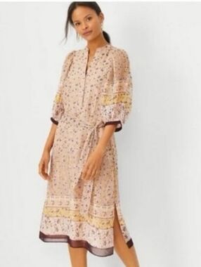 Ann Taylor Cream/Blush Paisley Border Midi Dress with Tie Waist